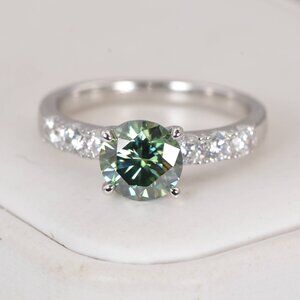 Certified 2.0ct Brilliant Round Cut Green Moissanite Engagement Ring